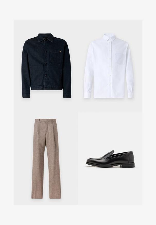 Giacca in denim blu scuro con colletto classico, bottoni frontali, una tasca sul petto e cuciture a contrasto. Maniche lunghe e taglio dritto.; Camicia bianca a maniche lunghe con bottoni, realizzata in cotone, caratterizzata da una tasca sul petto con ricamo tonale, colletto e polsini con bottoni.; Pantaloni marroni a vita alta realizzati in tessuto testurizzato. Presentano gambe ampie e due pieghe frontali per struttura. Rifinitura curata senza hardware visibile.; Mocassini neri in pelle con una texture liscia, punta arrotondata e una striscia decorativa sulla tomaia. Tacco basso impilato, design minimalista.