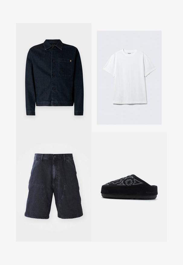 Dark blue denim jacket with a classic collar, front buttons, one chest pocket, and contrast stitching. Long sleeves and a straight cut.; White short-sleeve t-shirt made of soft cotton. Features a crew neck and relaxed fit, with a smooth texture and clean, unadorned design.; Dark denim shorts featuring a straight cut, large front pockets, and a button closure; smooth texture and minimal stitching details.; Black suede slip-on shoe with embroidered design, rounded toe, thick sole, and the text "MOON BOOT" on the heel. Textured surface.