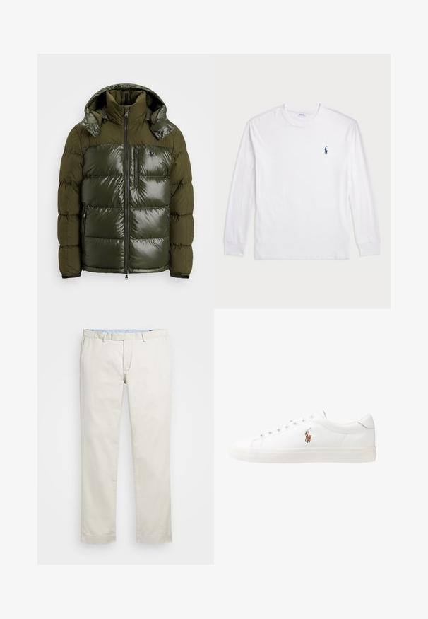 Grüne Daunenjacke mit einem glänzenden Finish. Verfügt über einen hohen Kragen, eine abnehmbare Kapuze, einen Reißverschluss und zwei Seitentaschen. Aus Polyester gefertigt.; Weißes Langarm-T-Shirt aus Baumwolle. Mit Rundhalsausschnitt, gerippten Bündchen und kleinem, dunkelblauem Polo-Logo auf der linken Brust.; Beige Baumwollchinos mit flachem Bund, Gürtelschlaufen und Seitentaschen. Gerades Bein-Design mit glatter Textur und leichtem, atmungsaktivem Tragegefühl.; Weiße Leder-Sneaker, niedrig geschnitten, mit glatter Textur, runder Zehenpartie, Schnür vorne und kleinem gesticktem Logo an der Seite.