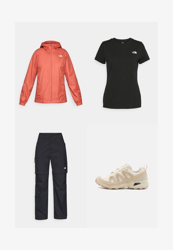 Chaqueta ligera y resistente al agua en color coral, con cierre completo, capucha, puños elásticos y logo en el lado izquierdo del pecho.; Camiseta de algodón negra con cuello redondo y mangas cortas. Logo blanco notable en el lado superior izquierdo. Textura suave, ajuste casual.; Pantalones cargo de nailon negro con cremallera desmontable, puños ajustables, múltiples bolsillos y un logotipo en la pierna derecha. Textura suave y ligera.; Zapatilla deportiva beige y crema con parte superior de malla texturizada, superposiciones de soporte y suela de goma con un patrón de tracción.