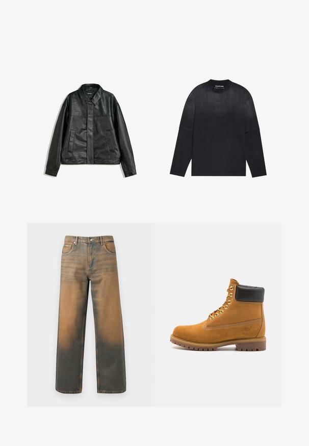 Svart läderjacka med krage, två frontfickor och en slät yta. Har en rak skärning och minimal design.; Långärmad svart t-shirt i mjukt tyg; har en rund halsringning, lös passform och en svag gradienteffekt från ljus till mörk.; Breda jeans i slitna blå och brun denim. Har hög midja, framfickor och en klassisk knapplåsning med metall detaljer.; Tan mockasins ankelstövlar med svart vadderad krage, guldmetallöglor, vit sömdekor och slitstöt gummisula med utmärkta mönster.