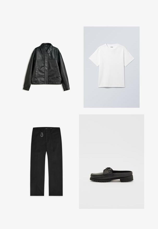 Čierna kožená bunda s golierom, dvoma prednými vreckami a hladkou textúrou. Má rovný strih a minimalistický dizajn.; Biely bavlnený tričko s okrúhlym výstrihom, krátkymi rukávmi a voľným strihom. Má značkovú etiketu s nápisom "WEEKDAY" na výstrihu.; Čierne nohavice vyrobené z tkaného materiálu, s rovnými nohavicami, dvoma bočnými vreckami, predným zipsom a vonkajším odevom s detailom.; Čierne kožené poltopánky bez viazania s detailom šnúrky, zaoblenou špičkou a textúrovanou podrážkou. Majú mierne zvýšený opätok a hladký povrch.