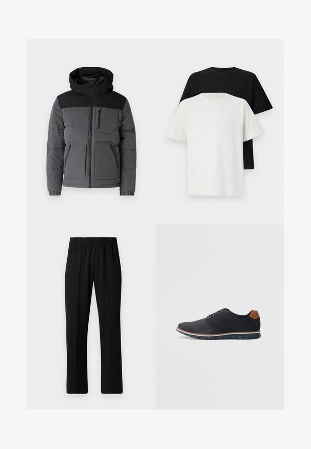 Giubbotto imbottito in tonalità di grigio con una sezione superiore nera. Caratterizzato da un cappuccio, chiusura lampo frontale e due tasche laterali. Materiale texturizzato.; Set di t-shirt in cotone composto da una maglietta nera e una bianca, entrambe con maniche corte, scollatura rotonda e vestibilità standard. Tessuto testurizzato.; Pantaloni neri con vita elasticizzata e design a gamba dritta, caratterizzati da una texture liscia e senza motivi o hardware visibili.; Scarpe sintetiche nere con tomaia testurizzata, dettagli lisci, tacco marrone e suola a contrasto. Presentano una lacerazione minimale e dettagli di cucitura.