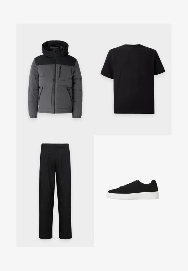 Pufferjack in grijstinten met een zwart bovenstuk. Heeft een capuchon, een ritssluiting aan de voorkant en twee zijzakken. Textured materiaal.; Zwarte T-shirt met korte mouwen van gemerceriseerd stof, met een ronde halslijn en een relaxte pasvorm. Eenvoudig, zonder patronen of accenten.; Zwarte broeken van gladde stof, met een recht model, twee voorknikken en een standaard tailleband met riemlussen.; Zwarte suède sneaker met een afgeronde neus, vetersluiting aan de voorkant en witte rubberen zool. Eenvoudig ontwerp met minimale accenten en een gladde textuur.