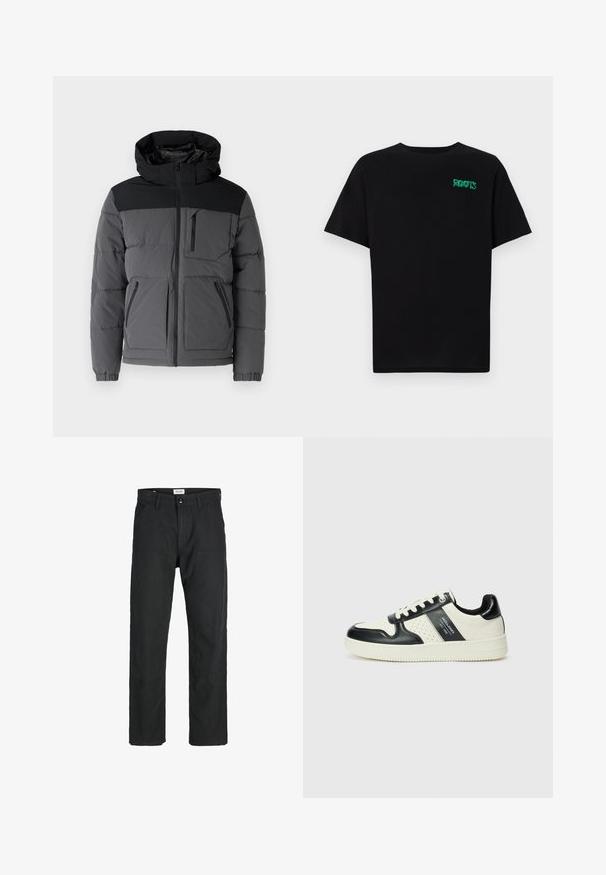 Pelēku toņu pūkainā jakas ar melnu augšējo daļu. Iekļauj kapuci, rāvējslēdzēja priekšpusi un divas sānu kabatas. Pārklāts ar teksturētu materiālu.; Melna kokvilnas t-kreka ar īsām piedurknēm. Uz priekšu ir zaļa "ROOTS" logo, apaļa kakla izgriezums un standarta piegriezums.; Melnas bikses no izturīga auduma, ar taisna griezuma dizainu, izšūtām akcentiem un divām priekšējām kabatām funkcionālitātei.; Ādas sporta apavi ar melnbaltu krāsu shēmu, ar perforētiem akcentiem, mīkstinātu apkakli un teksturētu zoli.
