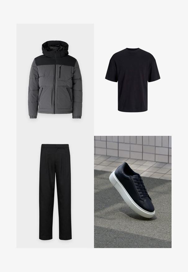 Puhasta jakna v odtenkih sive barve z črnim zgornjim delom. Značilnosti vključujejo kapuco, zadrgo spredaj in dva stranska žepa. Teksturiran material.; Črna bombažna majica s krojačkom izrezom, kratkimi rokavi in sproščenim krojem. Gladka tekstura in brez vidnih vzorcev ali poudarkov.; Črne hlače iz gladkega materiala, s krojem ravne noge, dvema sprednjima pregiboma in standardnim pasom z zankami za pas.; Črne usnjene superge z zaobljenim prstom in belim gumijastim podplat. Imajo ravne vezalke in minimalno šivanje na zgornjem delu. Teksturirani podplat za oprijem.