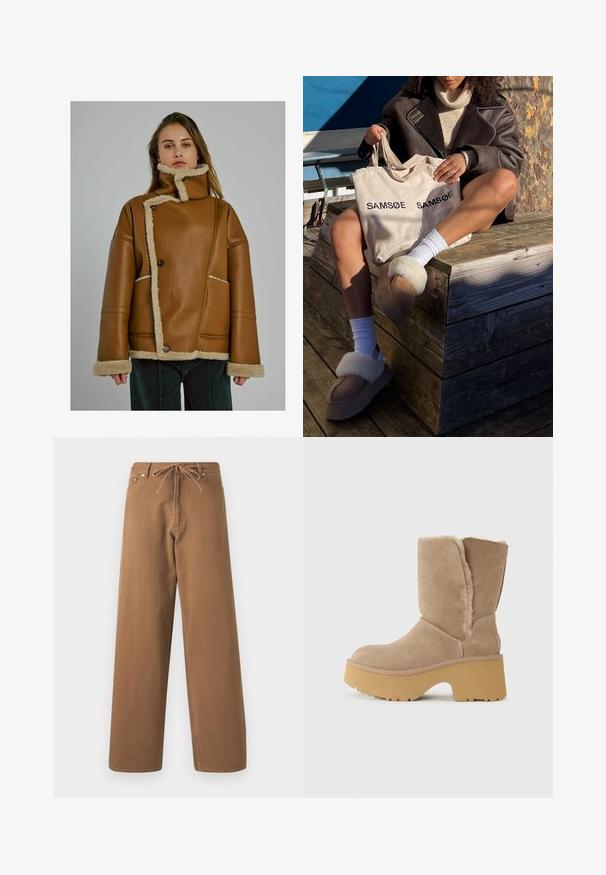 Žena v béžovém koženém kabátu s ovčí podšívkou a asymetrickým zapínáním, se stojáčkem, stojící na šedém pozadí.; Samsøe Samsøe ANOUR - Svetr - black coffee; Hnědé kalhoty s širokými nohavicemi vyrobené z bavlny, s elastickým pasem na šňůrku a dvěma předními kapsami. Texturovaná tkanina se hladkým povrchem.; Béžové semišové boty do poloviny lýtek s masivní žlutou platformou, vybavené měkkou texturovanou podšívkou a kulatým špičatým designem. Hladký vnější povrch.; Béžová taška přes rameno s nápisem "SAMSOE" vytištěným dvakrát, hnědé pantofle s bílým kožíškem, bílé ponožky a hnědý ovčí kabát na dřevěném povrchu.