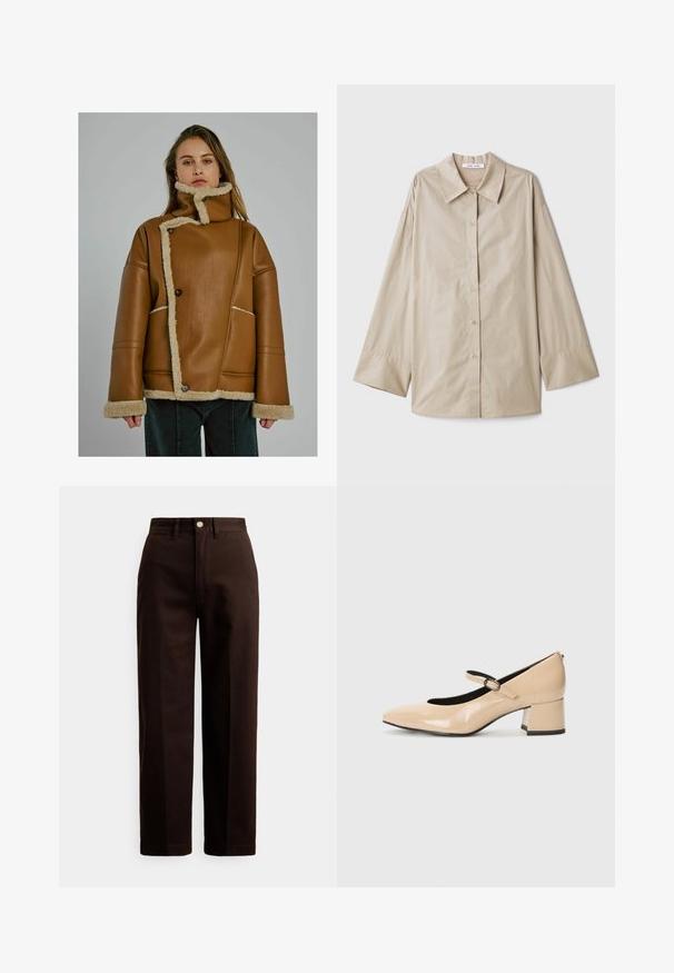 Egy nő bézs színű, bundával bélelt bőrkabátot visel, aszimmetrikus gombzárral és magas gallérral, egy egyszínű szürke háttér előtt áll.; Beige hosszú ujjú ing, nagy hegyes gallérral, gombos elülső résszel és széles ujjak végeivel. Simább, könnyű anyagból készült.; Sötétbarna, egyenes szárú nadrág gombos és cipzáras záródással, derékpántokkal és elülső zsebekkel, fehér háttér előtt.; Beige színű patent bőr Mary Jane cipők, hamis orrú, csatos pánttal és közepes magasságú blokk sarkúak. Simogató tapintású, fényes felülettel.