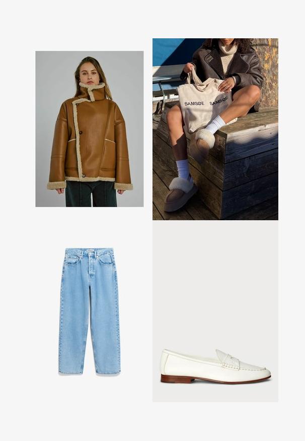 Frau, die eine beigefarbene, mit Schaffell gefütterte Lederjacke mit asymmetrischer Knopfleiste und hohem Kragen trägt, vor einem schlichten grauen Hintergrund steht.; Weißes Baumwoll-T-Shirt mit rundem Ausschnitt und kurzen Ärmeln. Verfügt über ein bedrucktes Etikett im Innenkragen und ein kleines Etikett an der Seite.; Hellblaue Jeans aus Denim mit lockerer Passform, hoher Taille, Fünf-Taschen-Design und subtilen Verblassungen entlang der Beinnaht.; Weiße Lederloafers mit strukturiertem Finish, rundem Zehenbereich und geflochtenem Akzent. Niedriger Holzabsatz und minimalistisches Design.; Beige Tragetasche mit zweimal aufgedrucktem "SAMSOE", tanfarbene Hausschuhe mit weißem Kunstfellbesatz, weiße Socken und einen braunen Schaffellmantel auf einer Holzoberfläche.