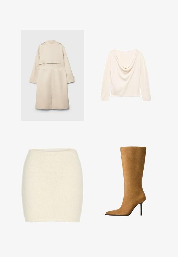 Beżowy płaszcz trench z jednorzędowym zapięciem, długimi rękawami i paskiem w talii. Posiada rozcięcie z tyłu oraz klasyczny kołnierz. Gładka tekstura.; Kremowy, długi rękaw top z opadającym dekoltem i prążkowaną fakturą. Wykonany z lekkiego materiału, z prostym dołem na wysokości talii.; Biała bluzka z długim rękawem i fasonem odsłaniającym ramiona, z marszczeniami po bokach i gładkiego materiału. Noszona z niebieskimi dżinsami.; Biała wełniana mini spódnica, miękka i puszysta tekstura, dopasowany krój, wysoki stan, brak widocznych wzorów lub akcentów.; Kozaki do kolan z zamszu w kolorze camelowym, z ostrym noskiem i cienkim, wysokim obcasem. Gładka textura i smukła sylwetka z minimalnymi detalami.