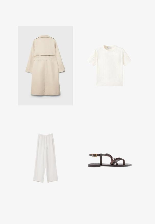 béžový trenčkot so zapínaním na jeden rad gombíkov, dlhými rukávmi a opaskom v páse. Má ventilačnú štiepku v zadnej časti a klasický golier. Hladká textúra.; Biely krátkoprstý sveter s pleteným vzorom, okrúhlym výstrihom a rebrovaným lemom. Mäkka textúra, voľný strih a čistý dizajn.; Biele široké nohavice vyrobené z ľahkej tkaniny. Obsahujú elastický pás so sťahovacou šnúrkou a bočné vrecká. Hladká textúra.; Hnedé kožené sandály s krížovými popruhmi, uzatváraním na pracku okolo členku a plochou podrážkou s minimálnymi ševmi.