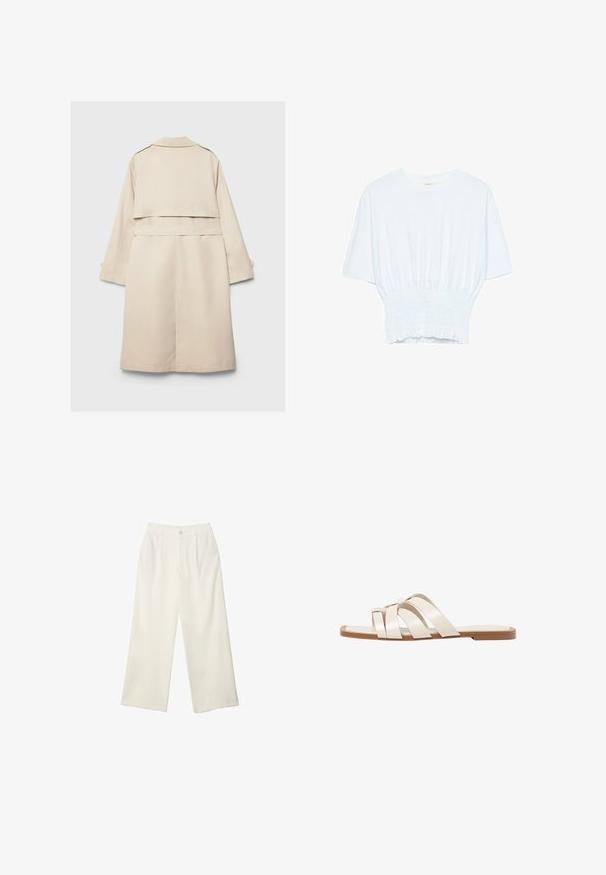 Beige trenchcoat med en enkelknäppt design, långa ärmar och midjebälte. Har en bakre vent och en klassisk krage. Slät textur.; Vit kortärmad t-shirt med avslappnad passform och smockad textur vid midjan. Tillverkad av mjukt, lätt material.; Breda byxor i krämfärgad tyg med en mjuk yta, med en enda knapp fram, subtila veck och en hög midja design.; Platta sandaler med en brun gummisula, designade med tre överlappande vita läderspännen och en liten rosett i mitten.