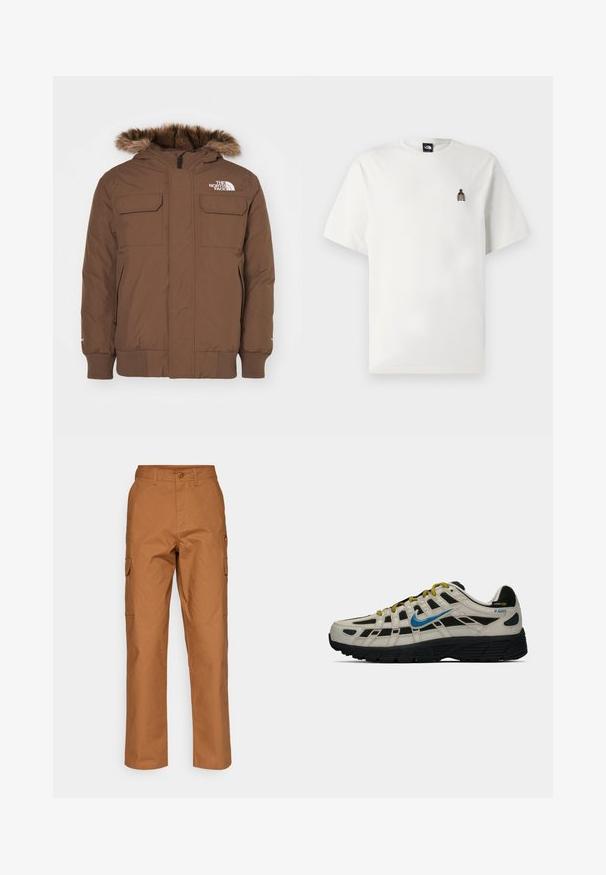 The North Face MCMURDO  - Pūkinė striukė - smokey brown; Balta medvilninė marškinėliai su mažo, siuvinėto butelio grafinu kairėje krūtinės pusėje. Klasikinis apvalus kaklas ir trumpomis rankovėmis.; Rudos krovinių kelnes iš tekstūrinio medvilnės mišinio, su tiesaus kirpimo dizainu, dviem šoninėmis kišenėmis ir mygtukiniu užsegimu juosmens srityje.; Bežiniai ir juodi Nike P-6000 sportbačiai su mėlynu swoosh, geltonomis raištelėmis, juodu padu ir Cordura audinio etikete ant kulno.