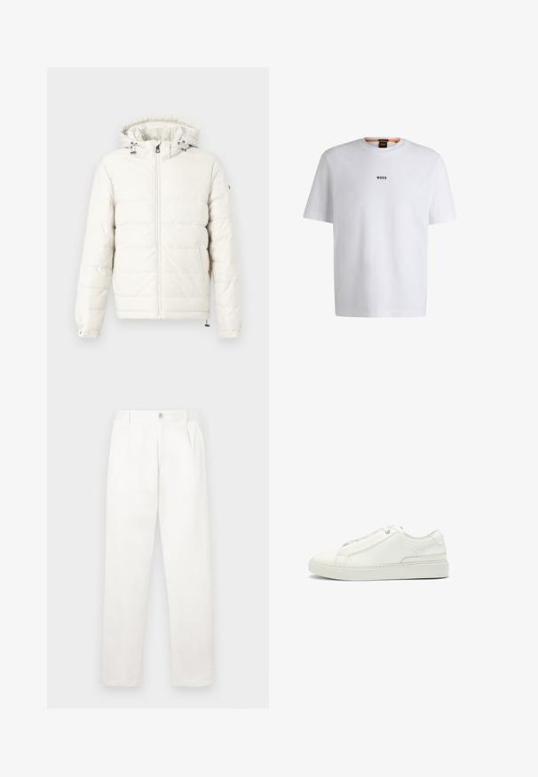 Padded white jacket with a hood, front zipper, and adjustable drawstring. Features snap-button cuffs and a smooth, soft texture.; White cotton T-shirt with short sleeves, featuring a black "BOSS" logo centered on the chest and a round neck design.; White trousers made from smooth fabric, featuring a straight leg design, front pleats, and a single button closure at the waist.; White leather sneaker featuring a textured upper, a round toe, minimalistic design, and a rubber sole with stitched detailing.