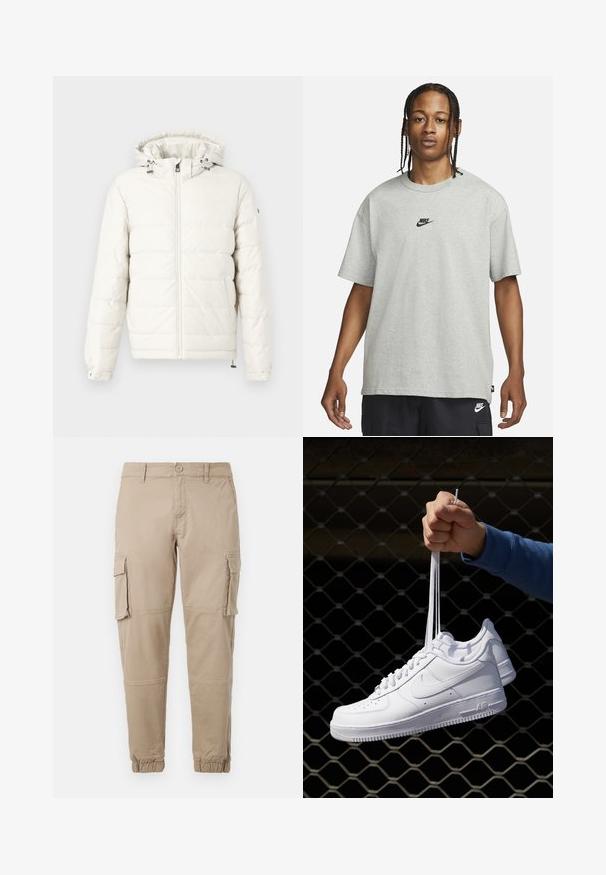 Veste blanche matelassée avec capuche, fermeture éclair à l'avant et cordon de serrage ajustable. Dispose de poignets à boutons-pression et d'une texture lisse et douce.; Jeune personne avec des cheveux tressés portant un t-shirt Nike gris clair et un short Nike noir sur un fond blanc uni.; Pantalons cargo beiges en coton léger. Comprend des poignets élastiques, plusieurs poches latérales et une fermeture à bouton.; Baskets en cuir blanc avec perforations, à bout rond, semelle plate et lacets épais, arborant un logo swoosh visible et "AIR" sur le talon.