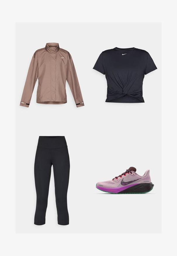 Jachetă din nailon ușoară, de culoare marron, cu guler înalt. Prezintă un logo alb pe piept, mâneci lungi și accente negre la manșete.; Tricou sport negru din material neted, cu un design frontal legat și un mic logo Nike alb pe piept.; Leggings negre scurte, fabricate dintr-un material elastic, având o talie înaltă și o textură netedă, fără modele sau accesorii vizibile.; Pantofi de alergare Nike din plasă roz cu accente violet, având o talpă neagră și o talpă exterioară verde. Se încheie cu șireturi și au un guler căptușit.