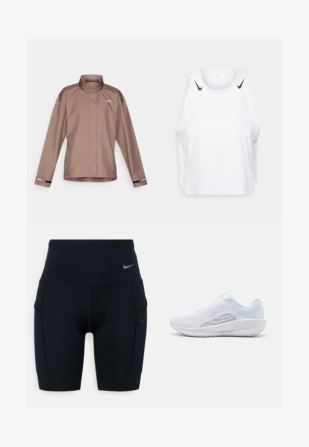 Lett, brun nylonjakke med høy krage. Har en hvit logo på brystet, lange ermer og svarte detaljer på mansjettene.; Hvit ermeløs tanktop laget av lett materiale, med svarte Nike-logo aksenter på skuldrene, rund hals og avslappet passform.; Svart høyverdig trening shorts laget av elastisk materiale; har sidelommer og en liten Nike-logo på midjen.; Hvit sportssko med mesh-overdel, rund tå og teksturert såle. Har en sølvfarget Nike swoosh og et minimalistisk design.