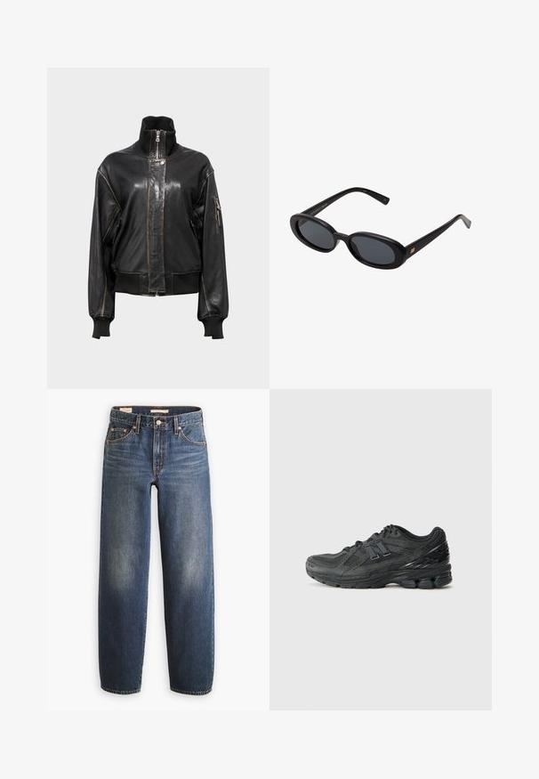 Won Hundred ARLETTA - Bomberjacks - black; Witte lange mouwen cropped t-shirt gemaakt van katoen, met een ronde hals en één borstzak. Glad textuur met een minimalistisch design.; Blauwe recht-afgesneden jeans met voorzakken, koperen klinknagels en zichtbare stiksels, weergegeven tegen een witte achtergrond.; Zwarte hardloopschoenen met een bovenwerk van mesh, een gevoerde kraag, synthetische accenten en een gestructureerde zool met zichtbare dempingselementen.; Zwarte oversized zonnebril met ovale lenzen, een glad plastic montuur en gouden accenten op de pootjes. Donkere lenzen bieden bescherming tegen de zon.