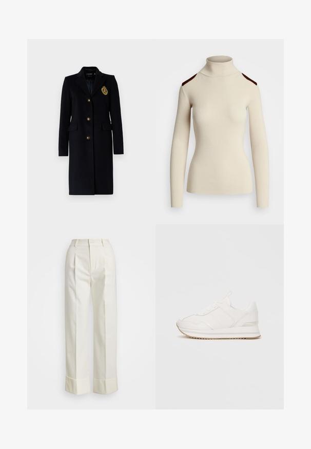 Lauren Ralph Lauren CREST PATCH WOOL BLEND COAT - Palton clasic - regal navy; Pulover crem cu gât înalt, cu mâneci lungi și accente de umăr de culoare maro închis. Designul ajustat subliniază forma și textura corpului.; Pantaloni albi personalizați, cu talie înaltă, pliseuri duble în față și picioare largi, cu manșete pliate. Confecționați dintr-un material neted și texturat.; Adidași albi, cu glezna joasă, cu șireturi în față, talpă căptușită și talpă din cauciuc bej, pe un fundal simplu.
