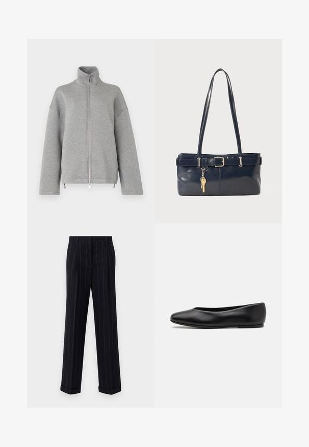 Siva zip-up jakna z visokim ovratnikom, podaljšanimi rokavi in sproščenim prileganjem. Narejena iz mehkega, teksturiranega blaga z bočnimi zadrgami na robu.; Črna kratka majica s kratkimi rokavi, izdelana iz bombaža, z okroglim izrezom in majhnim logotipom na levem prsnem delu. Gladka tekstura in sproščen kroj.; Črne hlače s pinstripes vzorcem in prilagojenim krojem, opremljene z manšetnim robom in sprednjimi pregibi. Narejene iz gladkega materiala z ustrezno strukturo.; Paul Smith TOPANGA - Balerinke - black; Mornarska usnjena torbica z dvema dolgima ročajema, dodatkom z zaponko in pritrjeno ključavnico. Ima gladko teksturo in pravokotno obliko.