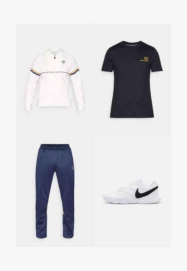 Valge tõmbluku jaojope pehmest materjalist, millel on krae, tikandiga logo ja kahel horisontaalsel triibul, mis on sinised ja oranžid, varrukatel.; Mustad mustate särg, lühikeste varrukatega, valmistatud puuvillast. Üks vasakpoolne rinnaosa on kaunistatud kollase logoga. Klassikaline ümar kaelus, sile tekstuur.; Tumedat sinised spordipüksid elastse vöökoha ja kahe oranži külgiriba ning logoga ülemises paremas jalas.; Valged sportlikud kingad, millel on tekstuuriga ülemine osa, must Nike'i logo, pehme krae ja kindel kummist välistald, millel on mustritega profiil.