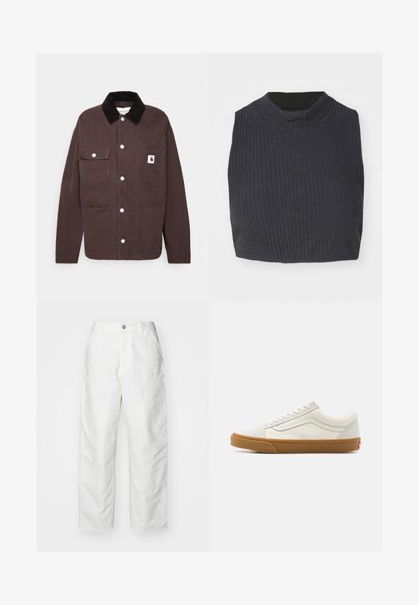 Carhartt WIP MICHIGAN - Let jakke / Sommerjakker - tobacco/black; Afkortet ribbet top i mørk navy, med høj halsudskæring og et subtilt Nike-logo. Stoffet har en struktureret, strækbar overflade.; Hvide cargo-bukser lavet af denim, med en afslappet pasform, sidelommer og synlige syninger. Ensfarvet front med knaplukning.; Hvide kanvas sneakers med lavt skaft, gummisål, rund tå, snørelukning og læderstribe på siden.
