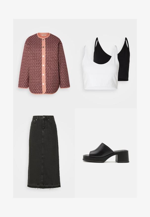 Bordo prešita jakna z diamantnim vzorcem, ki ima koralne gumbne zapetke, okroglo ovratnico in dolge rokave s trakovi v enotni barvi.; Dva bombažna crop topa v beli in črni barvi. Vsak ima globok izrez in tanke naramnice, ter se ponaša z gladko, mehko teksturo.; Črna denim midi krila z oprijetim pasom, sprednjim gumbnim zapiranjem in razfrkanim robom. Ima klasičen dizajn s petimi žepi in rahlo teksturo.; Črne usnjene platforme mule z zaobljenim odprtim prstom, nizkim blokastim petkom in gladko teksturo. Minimalističen dizajn s čistimi linijami.