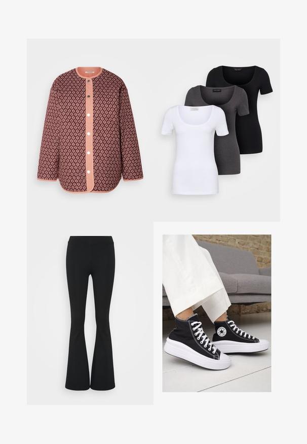 Bordo siuvinėta striukė su deimanto raštu, turinti koralinę mygtukų sąsają, apvalų iškirpimą ir ilgomis rankovėmis su vienspalvėmis apdailomis.; Trys priderinti marškiniai: balti, pilki ir juodi. Kiekvienas turi plačią apvalią iškirptę ir trumpas rankoves. Pagaminti iš lygaus, tamprių audinio.; Juodai platėjantys kelnių, pagamintų iš tamprių medžiagų, kurie turi aukštą juosmenį ir lygią tekstūrą. Kelnės platėja nuo kelio.; Juodi kanvasiniai aukšti sportbačiai su baltais guminiais padu ir raišteliais. Šonuose yra apskritas logotipas ir ryški balta siūlė.