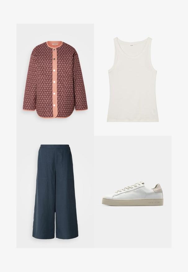 Quilted jakke i burgunder med diamantmønster, med en korallfarget knapplacket, rund hals og lange ermer med fast trim.; Hvit bomullstopp med vid halsutskjæring og tynne skulderstropper. Glatt tekstur uten synlige mønstre eller dekorasjoner.; Vidde benbukser i marineblå, laget av lett stoff. Har en litt teksturert overflate, elastisk liv og frontseam.; Hvit lær sneakers med en glatt finish, aksenter i beige semsket skinn, rund tå, flat snøring og en teksturert gummisåle.