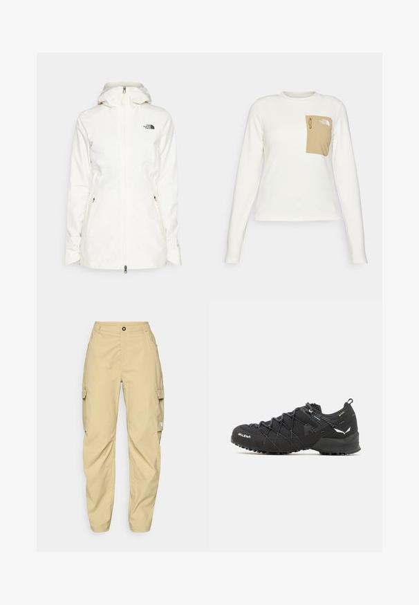 Biała, kapturowa kurtka wykonana z lekkiego materiału, posiada przedni zamek błyskawiczny oraz dwie boczne kieszenie na zamek. Czarny logo na lewej piersi.; Biała koszula z długim rękawem, wykonana z fakturowanej tkaniny, z beżową naszywaną kieszenią, wyposażoną w sznurek i logo.; The North Face EXPLORATION khaki; Czarne buty trekkingowe z teksturowaną cholewką z tkaniny, systemem sznurowania i wytrzymałą gumową podeszwą. Udekorowane odblaskowymi detalami i logo.
