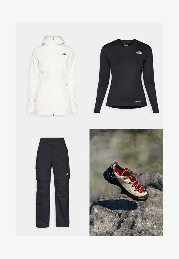 Jachetă albă cu glugă, confecționată dintr-un material ușor, dotată cu fermoar frontal și două buzunare laterale cu fermoar. Logo negru pe partea stângă a pieptului.; The North Face SHADOW LONG SLEEVE - Bluză cu mânecă lungă - black; Pantaloni cargo din nylon negru, cu fermoar detașabil, manșete ajustabile, multiple buzunare și un logo pe piciorul drept. Textură netedă și ușoară.; Sandalie ușoare pentru exterior, de culoare bej cu accente negre. Prezintă o talpă neagră, șireturi roșii, un strat superior texturat și o capacă întărită la vârf. Proiectate pentru aderență.