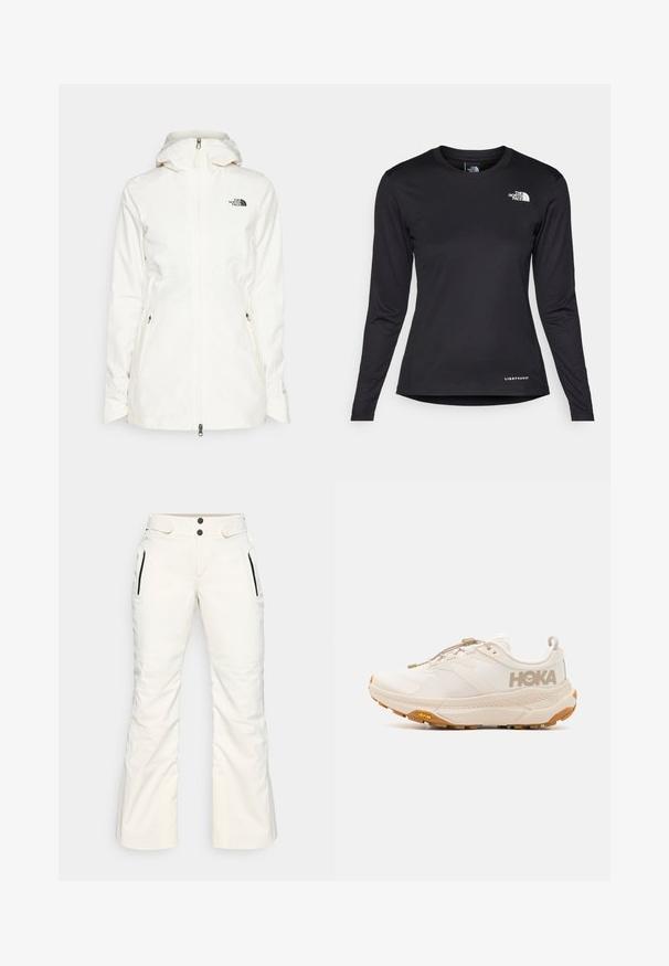 Vit, huva-jacka i lätt material med främre dragkedja och två sidofickor med dragkedja. Svart logotyp på vänster bröst.; The North Face SHADOW LONG SLEEVE - Långärmad tröja - black; Vita skidbyxor med en slät textur, som har två fickor med dragkedja på sidan, två knappar i midjan och en lätt utsvängd bendesign.; HOKA TRANSPORT - Hikingskor - eggnog