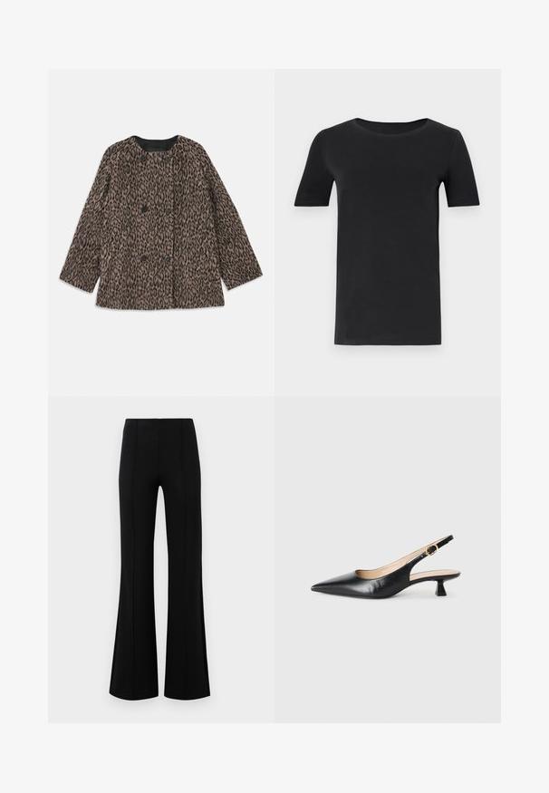 Leopárdmintás kabát, dupla záródással, fekete gombokkal és lekerekített nyakkal. Strapabíró, texturált anyagból készült, hosszú ujjak állnak rendelkezésre.; Fekete, rövid ujjú póló, puha pamutból készült, kerek nyakkivágással és klasszikus szabással. Sima textúra, minta vagy díszítés nélkül.; Fekete, flared nadrág magas derékkal, rugalmas anyagból készült. Elölnézetén függőleges varrásokkal rendelkezik, sima textúrával.; Fekete bőr slingback kiskeretes cipő hegyes orral és arany csattal az oldalszíjban, fehér háttéren.