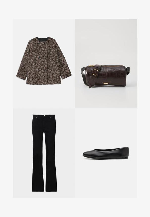 Leopard print coat featuring a double-breasted design, black buttons, and a rounded neckline. Made from a textured fabric with long sleeves.; Long-sleeve, light beige top with a round neckline. Made of soft fabric, features a central seam and slightly curved hem. No visible hardware.; Black flared jeans made of denim, featuring two front pockets, a button closure, and a smooth texture. Signature stitching visible at seams.; Paul Smith TOPANGA - Ballet pumps - black; Brown crocodile-embossed leather bag with a cylindrical shape, gold-tone hardware, and a detachable strap featuring studs.