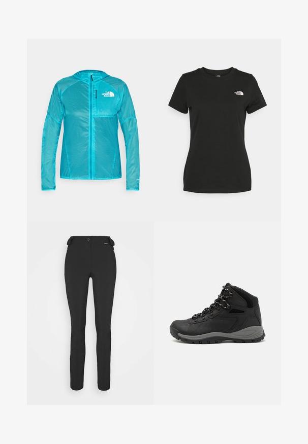 Lichte, hooded jack in fel aquablauw, gemaakt van glad, reflecterend materiaal. Bevat een ritssluiting aan de voorkant en een logo op de borst.; Zwarte katoenen t-shirt met een ronde hals en korte mouwen. Opvallend wit logo op de bovenlinker kant. Soepele textuur, casual pasvorm.; Zwarte, strakke broek gemaakt van een flexibel materiaal. Kenmerken zijn onder andere een ritszak aan de zijkant, gebogen knieën en een gladde textuur.; Zwarte wandelschoen met een mid-top ontwerp, voorzien van een gestructureerde bovenkant, grijze accenten en een duurzame rubberen zool met gripnoppen.