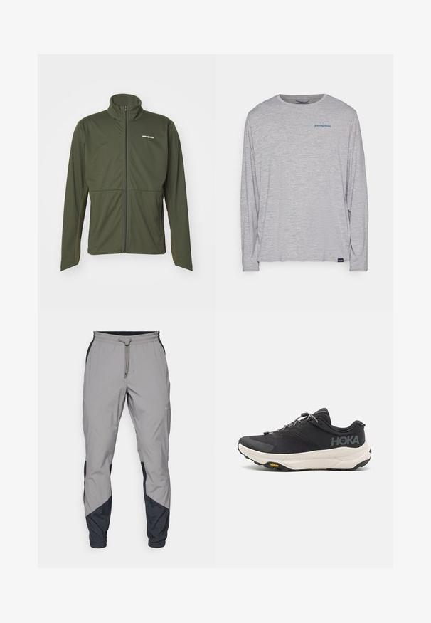 Patagonia WIND SHIELD JACKET - Softshell jakker - pine needle green; Lysegrå langærmet T-shirt lavet af blødt, struktureret stof. Har rund hals og et lille blåt Patagonia-logo på brystet.; Lettere, grå atletiske bukser med sorte detaljer. Elastisk talje, snøre lukning, tapered ben-design og sidelommer.; Sort atletisk sko med en tekstureret overdel, grå detaljer, refleksive elementer og en tyk hvid sål med Vibram-branding.
