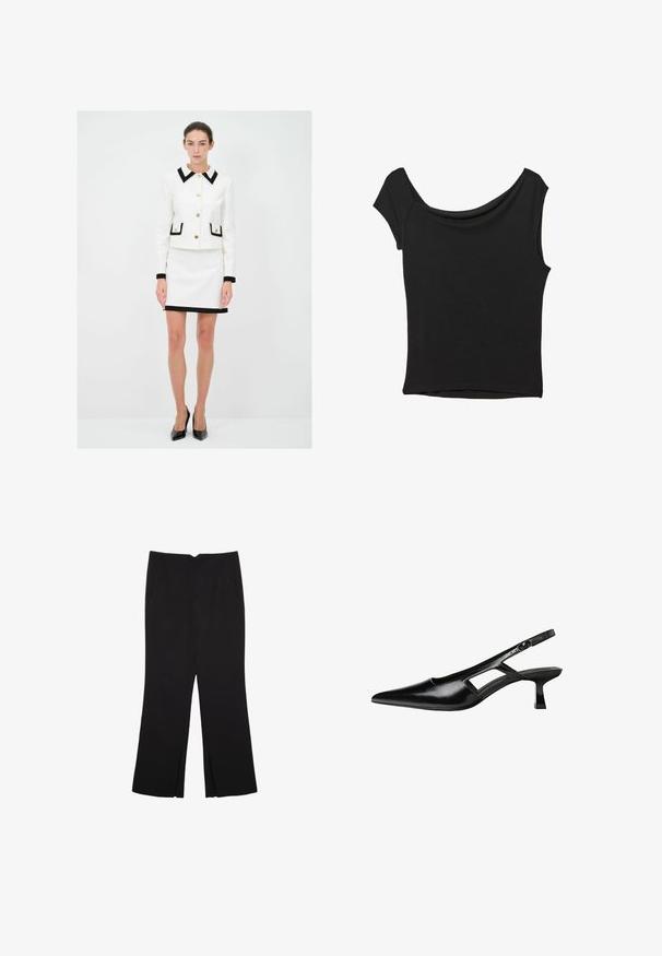 Hvid skræddersyet jakke med sorte detaljer, guldknapper og to forlommer. Matchet med en hvid nederdel med sort kant.; Sort kortærmet top lavet af glat stof; har en draperet halsudskæring og en asymmetrisk kant, med en tætsiddende pasform.; Sorte bukser med lige pasform, der har frontlommer og slidser i kanten. Lavet af blødt, glat stof. Velegnet til forskellige anledninger.; Sorte patentlæder slingback hæle med spids tå, udskåret sideskærm og en lille firkantet hæl. Glat tekstur med minimale detaljer.