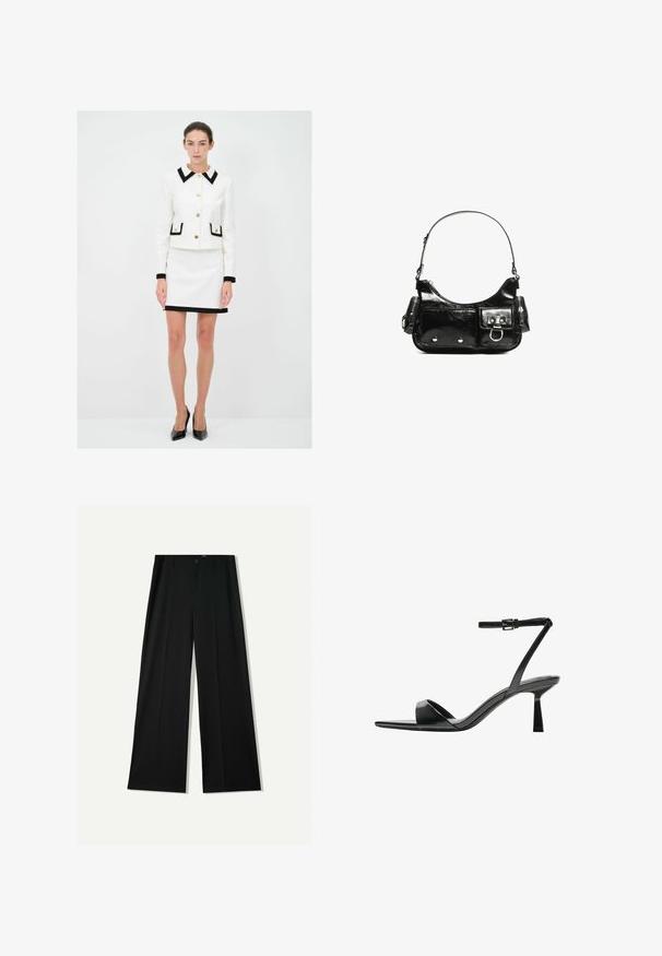 Hvid skræddersyet jakke med sorte detaljer, guldknapper og to forlommer. Matchet med en hvid nederdel med sort kant.; Sort langærmet cropped top med rund halsudskæring, ensfarvet design og let buet kant.; Bershka WIDE - Bukser - black; Bershka Højhælede sandaletter / Højhælede sandaler - black; Sort patenteret læder håndtaske med en buet form, en skulderrem, frontlommer og hardware accenter i sølvfarve.