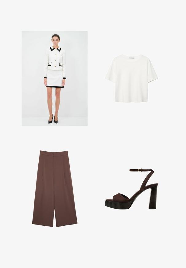 Weißes maßgeschneidertes Jacket mit schwarzen Akzenten, goldenen Knöpfen und zwei Vorder-taschen. Kombiniert mit einem passenden weißen Rock mit schwarzem Saum.; Weißes T-Shirt mit kurzen Ärmeln aus Baumwolle. Hat einen Rundhalsausschnitt und eine lockere Passform. Glatte Textur ohne sichtbare Muster oder Akzente.; Braune Weite-Leg-Hosen mit einer glatten Textur, hoher Taille und Vorderfalten. Der Stoff ist leicht und fällt locker.; Braune Wildleder-Pumps mit offenem Zeh, verstellbarem Knöchelriemen und gestreiftem Plateausohlen.