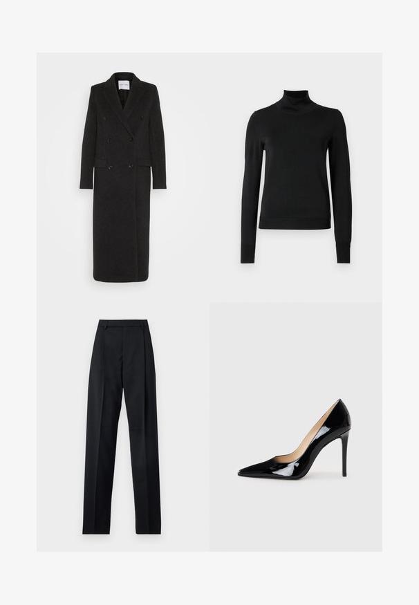 Samsøe Samsøe Classic coat - phantom; Black long-sleeve turtleneck sweater with ribbed cuffs and hem, displayed on a plain white background.; Black trousers made from smooth fabric featuring a high waist, wide legs, front pleats, and classic belt loops. No side pockets visible.; Black patent leather high-heeled pump with a pointed toe design and a sleek silhouette. Features a smooth, shiny finish and a slender stiletto heel.