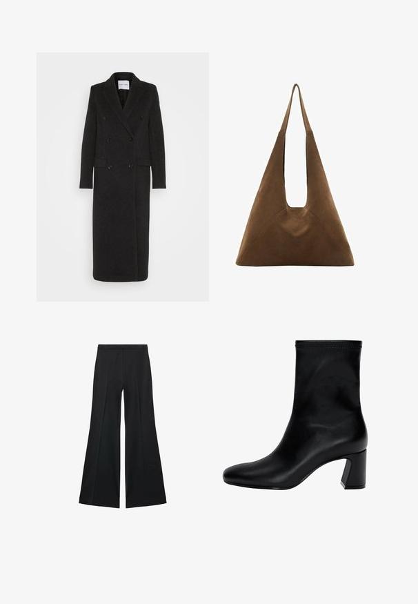 Samsøe Samsøe Klassisk frakke - phantom; Sort rullekravesweater lavet af blødt stof, med lange ærmer og en afslappet pasform, samt et rent, minimalistisk design.; Sorte brede bukser med en glat tekstur, der har fremadrettede folder og en skræddersyet design. Stofferne er lette og flerdimensionelle.; Sort ankelstøvle lavet af glat læder. Har en firkantet tå, elastisk kant og en kraftig hæl for stabilitet. Minimalistisk design.; Bølgebrun suede tote taske med et trekantet design, forlængede skulderstropper og en stor åben top med et udskåret håndtag.