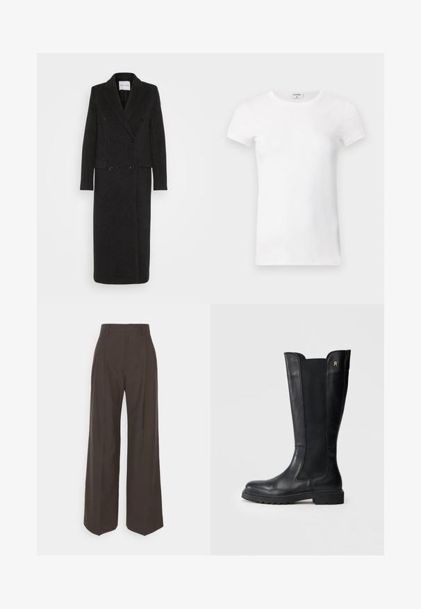 Samsøe Samsøe Klassischer Mantel - phantom; Weißes geripptes T-Shirt mit kurzen Ärmeln und Rundhalsausschnitt. Der Stoff wirkt glatt und hat eine figurbetonte Silhouette. Markenlabel am Kragen sichtbar.; Dunkelbraune weite Hose mit hoher Taille, die über sorgfältig gebügelte Falten, eine glatte Textur und eine taillierte Passform verfügt.; Schwarze Lederstiefel bis zur Knöchelhöhe mit elastischen Seitenteilen, abgerundeter Zehenpartie, dicke Sohle und kleinem Logoakzent an der Außenseite.