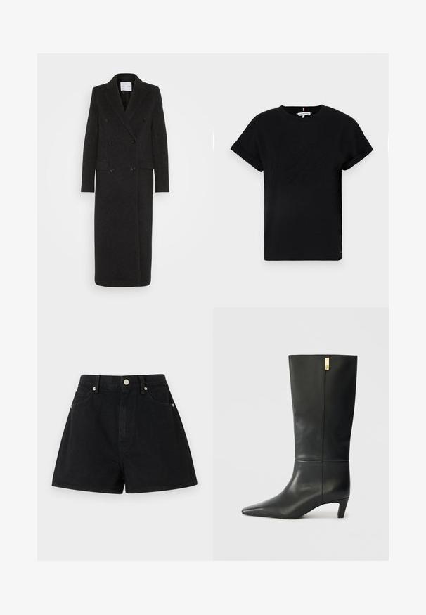 Samsøe Samsøe Manteau classique - phantom; T-shirt en coton noir avec des manches courtes roulées, ornée d'un logo en relief au centre et d'un petit accent drapeau sur le côté.; Shorts en denim noir taille haute, cinq poches, accessoires en métal argenté et coupe standard, présentant une texture lisse et des finitions soignées.; Botte noire en cuir, montant jusqu'au genou, avec un bout pointu et un petit talon. Design épuré avec un détail en accent doré. Texture lisse.