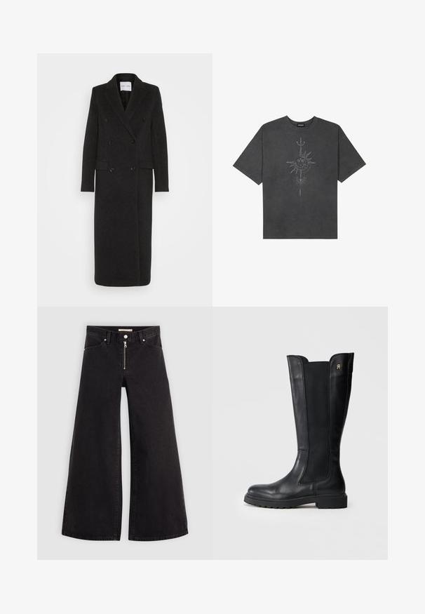 Samsøe Samsøe Klasični plašč - phantom; Temno siva oversize majica iz bombaža, z centralno grafiko sonca z zapletenimi črtnimi podrobnostmi natisnjenimi spredaj.; Široke traperice iz črnega denima z zadrgo spredaj, petimi žepi in diskretnimi šivi. Gladka tekstura in ležeren slog.; Črne usnjene škornje do kolen z elastičnimi stranskimi paneli, zaobljenim nosom, debelim podplatom in majhnim logotipnim dodatkom na zunanjosti.