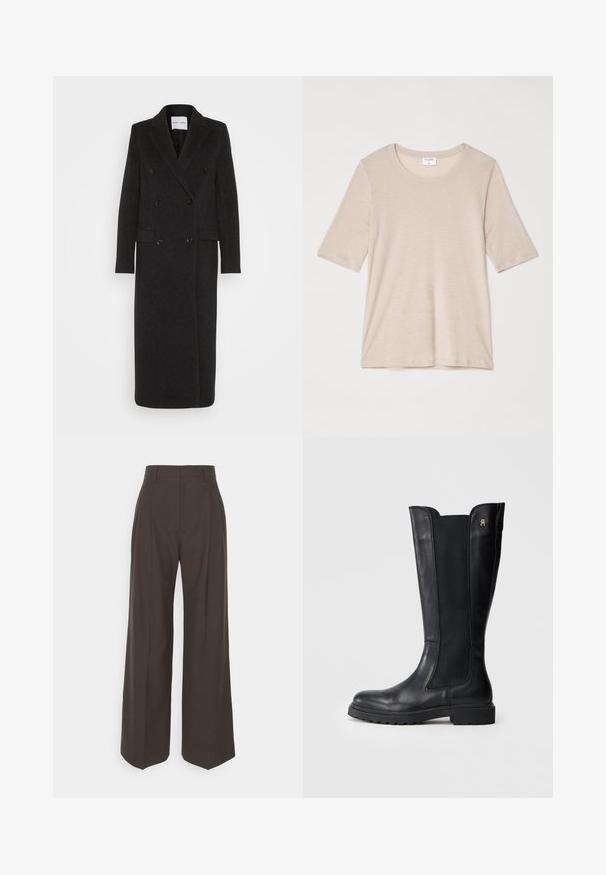 Samsøe Samsøe Klassischer Mantel - phantom; Filippa K ELENA TEE - T-Shirt basic - taupe; Dunkelbraune weite Hose mit hoher Taille, die über sorgfältig gebügelte Falten, eine glatte Textur und eine taillierte Passform verfügt.; Schwarze Lederstiefel bis zur Knöchelhöhe mit elastischen Seitenteilen, abgerundeter Zehenpartie, dicke Sohle und kleinem Logoakzent an der Außenseite.