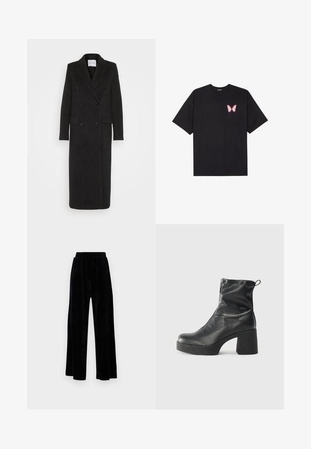 Samsøe Samsøe Klassikaline mantel - phantom; Must muströöpidega must puuvillane T-särk, vasakul rinnal on väike roosa liblikas. Ümar kaelus ja vabalt istuv lõige.; Mustad laiad püksid, mis on valmistatud pehmest sametist, elastse vöökoha ja siledaga, ilma nähtavate detailide või mustriteta.; Mustad mustad ansapüksid, mis on valmistatud siledast nahast, külje zipperiga, paksu tekstuuriga kontsaga ja ümmarguse nina disainiga.