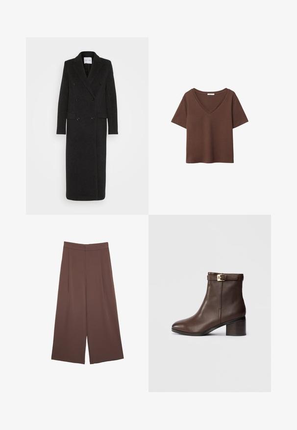 Samsøe Samsøe Klasični plašč - phantom; Rjava bombažna majica s kratkimi rokavi in globokim V-izrezom. Preprost dizajn, mehak material in raven rob. Brez vzorcev ali dekorativnih elementov.; Rjave široke hlače z gladko teksturo, ki imajo visok pas in sprednje naborke. Tkanina je lahka in prosto pada.; Rjave usnjene gležnarice s zaobljenim nosom, nizko blokasto peto in dekorativnim paščkom z zaponko okrog gležnja. Gladka tekstura in eleganten dizajn.