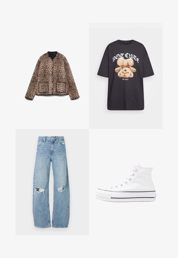 Casaco de padrão de leopardo com decote redondo, acabamento preto e dois bolsos frontais. O tecido parece suave com uma textura semelhante a pelo.; T-shirt oversized preto com uma gráfica de um urso e o texto "NÃO FOFO, MAS SELVAGEM" em letras brancas e em negrito. Material em algodão.; Jeans de lavagem clara, de cintura alta, feitos de denim. Apresentam pernas largas, duas áreas rasgadas nos joelhos e o estilo clássico de cinco bolsos.; Sapatilha alta de tela branca com sola de borracha preta, bico de borracha na frente e seis ilhós para os atacadores, apresentando um design limpo e minimalista.