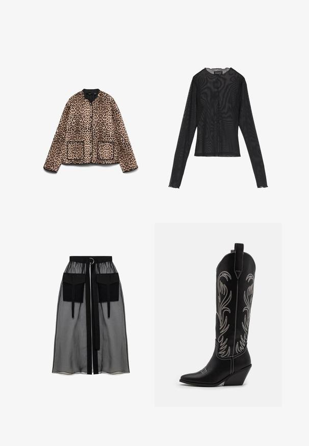 Lapsējošas apdrukas jaka ar apļu kakla izgriezumu, melnu apdari un divām priekšējām kabatām. Audums izskatās mīksts ar kažokādas līdzīgu tekstūru.; Melnā garo piedurkņu blūze, kas izgatavota no caurspīdīga auduma, ar apaļu kakla izgriezumu, priekšējo pogu aizdari un viļņotām malām pie piedurknēm.; Melnā caurspīdīgā svārka ar salikto jostasvietu, kas ietver divas lielas priekšējās kabatas, jostas saitīti un apaļu metāla akcentu.; Melnas ādas kovboju zābakus ar norādītām pirkstiem, sānām paceltu papēdi un sudraba izšūtām ziedu rakstiem gar zābaka kāju. Kontrasta dūrieni visā zābakā.