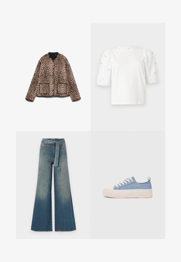 Jachetă cu imprimeu de leopard, cu decolteu rotund, margini negre și două buzunare frontale. Materialul pare moale, având o textură asemănătoare blănii.; Tricou alb din bumbac cu mâneci scurte tip bufantă, având mici embellisheuri argintii pe mâneci. Decolteu clasic rotund, croială lejeră.; Pantaloni din denim largi, cu un gradient de la albastru deschis la albastru închis, talie înaltă, bucle pentru curea și o curea din același material. Finisaj texturat din denim.; Sneakers din pânză de culoare albastru deschis, cu vârf și talon din cauciuc crem, având șireturi albe și un maner pe călcâi.